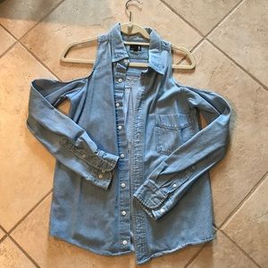 Cold Shoulder Denim Button Up Top